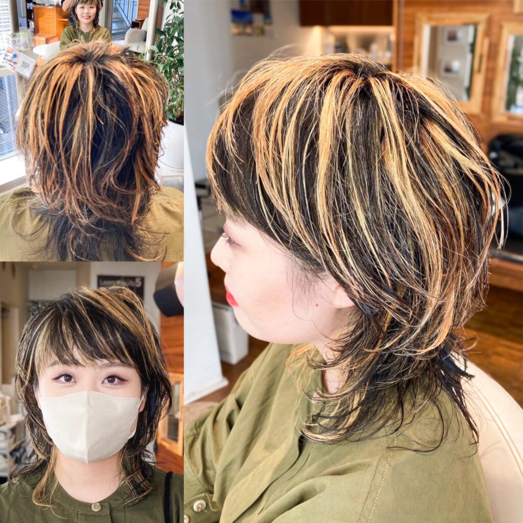 マッシュウルフにブリーチメッシュを入れたヘアスタイル